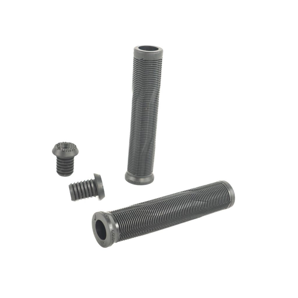 Two black Colony Much Room Flangeless Grips and two black BMX bar ends are displayed on a white background.