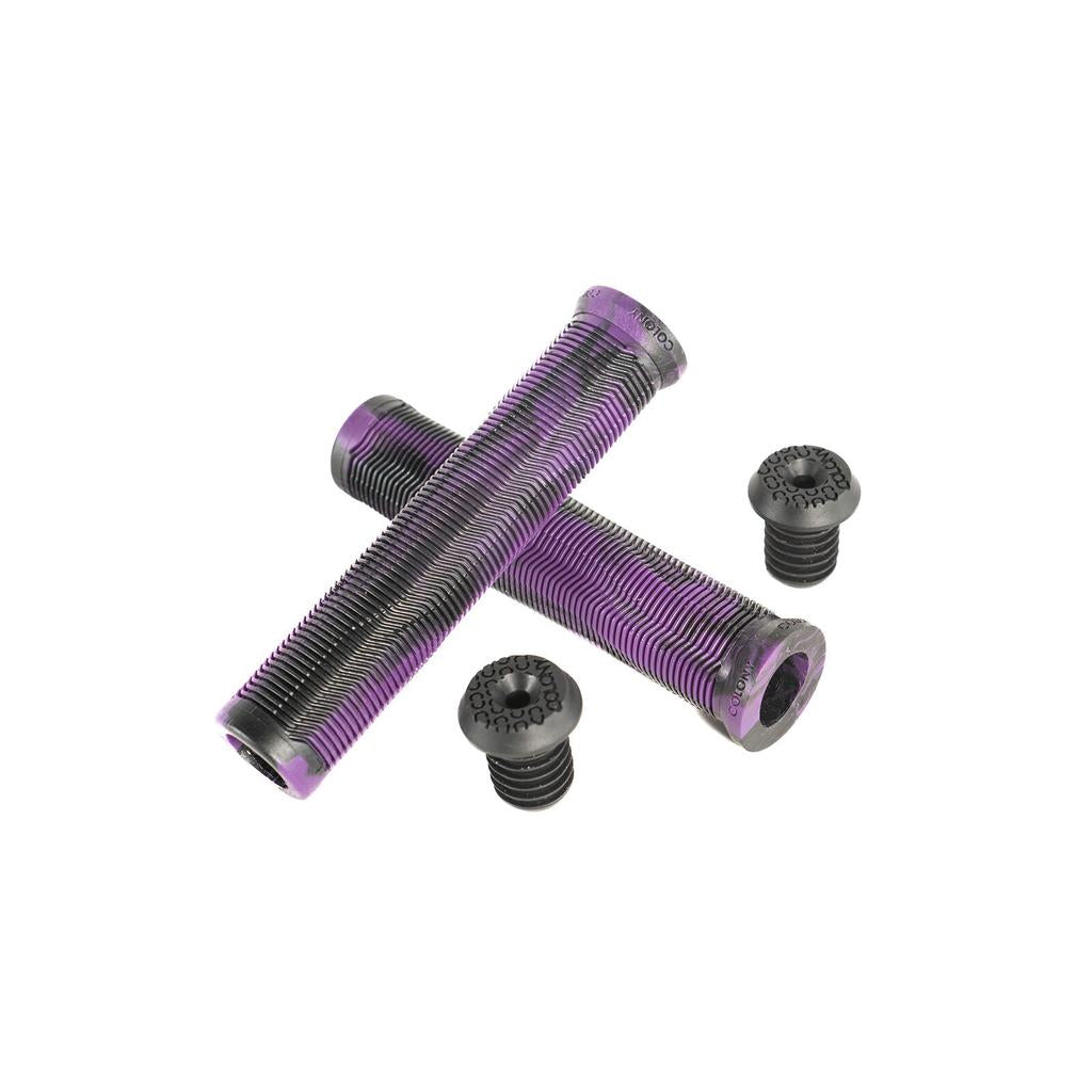 Two purple and black Colony Much Room Flangeless Grips, featuring a ribbed design and accompanied by two BMX bar ends, are displayed on a white background.