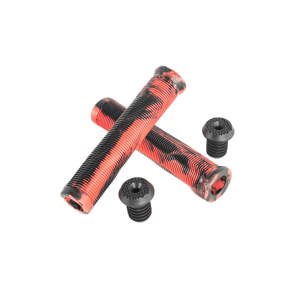 Two red and black Colony Much Room Flangeless Grips with matching black BMX bar ends are displayed on a white background, featuring a flangeless design for a sleek and comfortable ride.