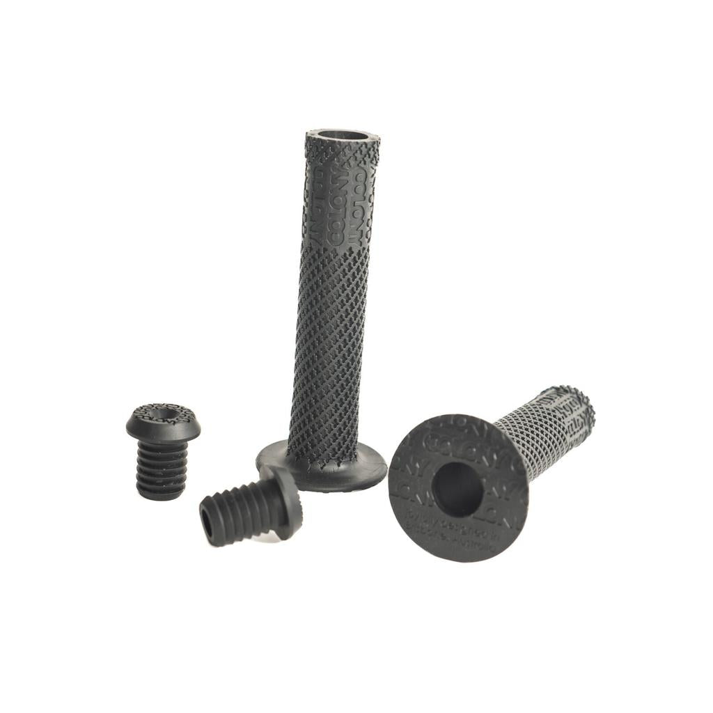 Two black textured Colony Mountjoy Grips and two matching bar end plugs are shown on a white background.