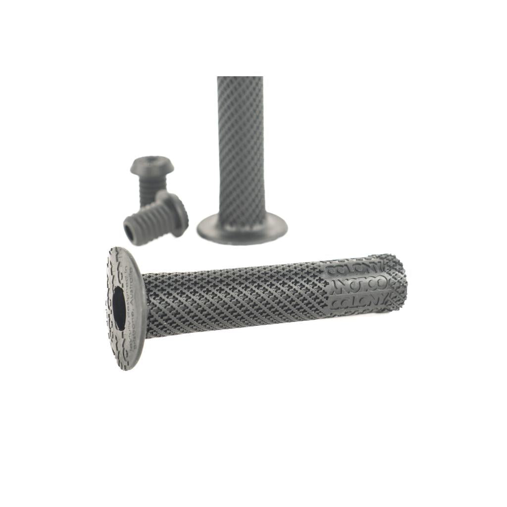 The Colony Mountjoy Grips are textured gray BMX grips made of Krayton Rubber with a flanged end and matching end caps, shown on a white background.
