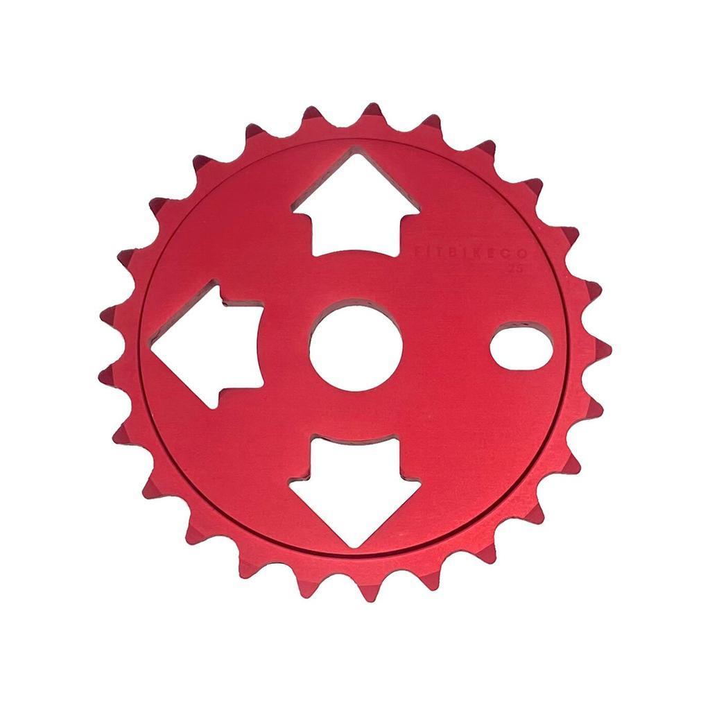 The Fit Bike Co Tri Front Sprocket features three large arrow-shaped cutouts and an off-center hole near the edge—an affordable, stylish aftermarket sprocket designed for BMX bike performance.