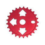 The Fit Bike Co Tri Front Sprocket features three large arrow-shaped cutouts and an off-center hole near the edge—an affordable, stylish aftermarket sprocket designed for BMX bike performance.