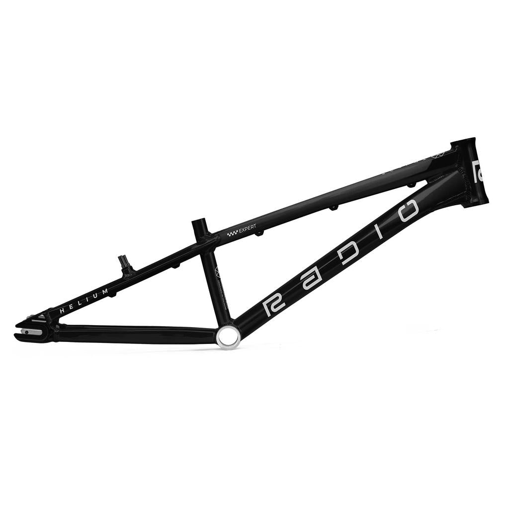 The black BMX frame, "Radio Raceline Helium 2025 Expert Frame," is made from hydroformed 6061 alloy tubing, offering a lightweight, race-ready design. It features a sleek horizontal orientation on a white background.