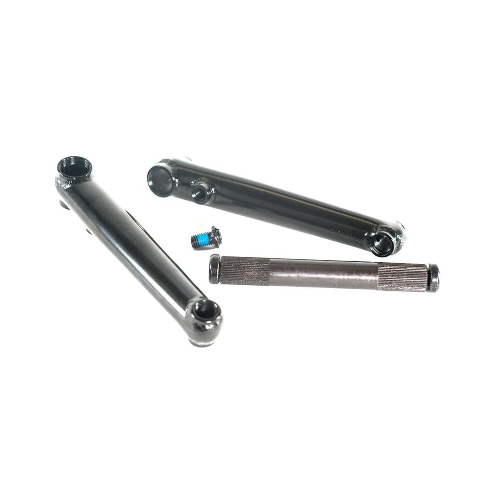 The Family BMX Pro Cr-mo 3pce Tubular Cranks Set features black tubular crank arms, a spindle, and a bolt with blue threadlocker, shown on a white background.