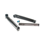The Family Pro Crank Set, featuring two black CrMo tubular BMX cranks, a silver 3-piece spindle, and a blue-tipped bolt, is arranged on a white background.