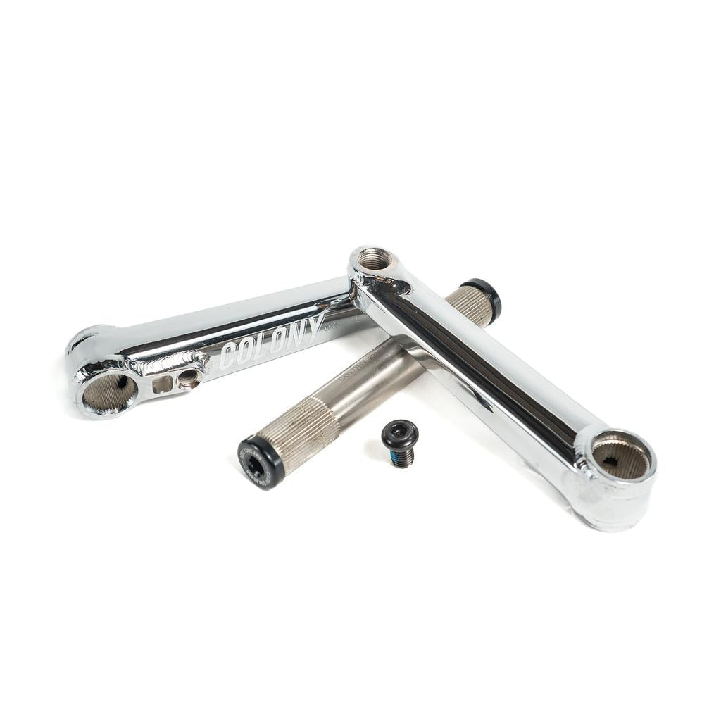 The Colony Venator 140mm Cranks (suit 18" wheeled bikes) and spindle are arranged on a white background—perfect for upgrading your 18" BMX setup.