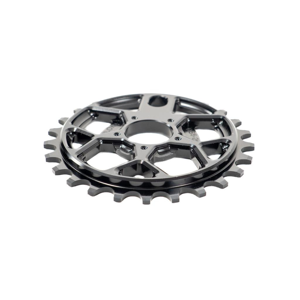 The Colony RS6 Sprocket, made from durable 7075T6 alloy and featuring a central hole along with multiple cutouts, is displayed on a white background.