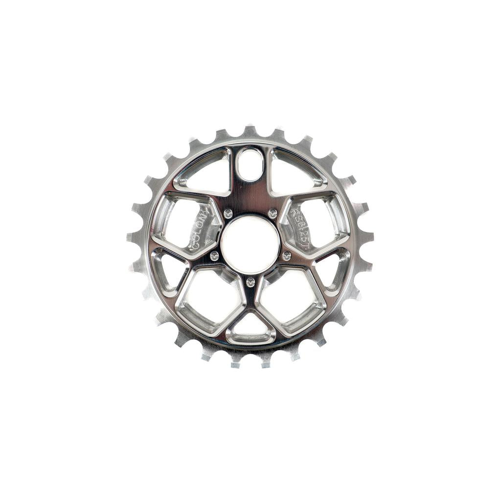 Colony RS6 Sprocket in silver, featuring a geometric cutout design and 25 teeth, crafted from durable 7075-T6 alloy and shown from above on a white background.
