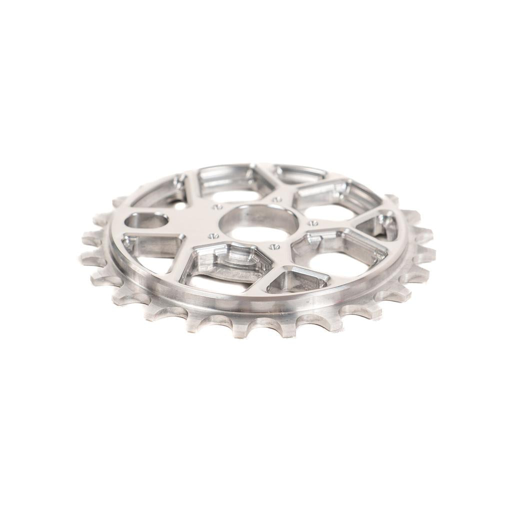 The Colony RS6 Sprocket, made from durable 7075T6 alloy and featuring a silver finish, multiple teeth, and geometric cutouts, is displayed on a white background.