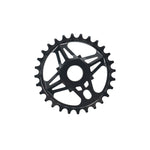 Colony CC Sprocket: Black metal BMX chainring with 28 teeth and geometric cutouts, CNC machined from 7075T6 alloy, shown on a white background.