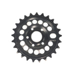 A black Colony Pursuit Sprocket, featuring multiple circular cutouts and 34 teeth, is crafted from CNC machined 7075-T6 aluminum, isolated on white.
