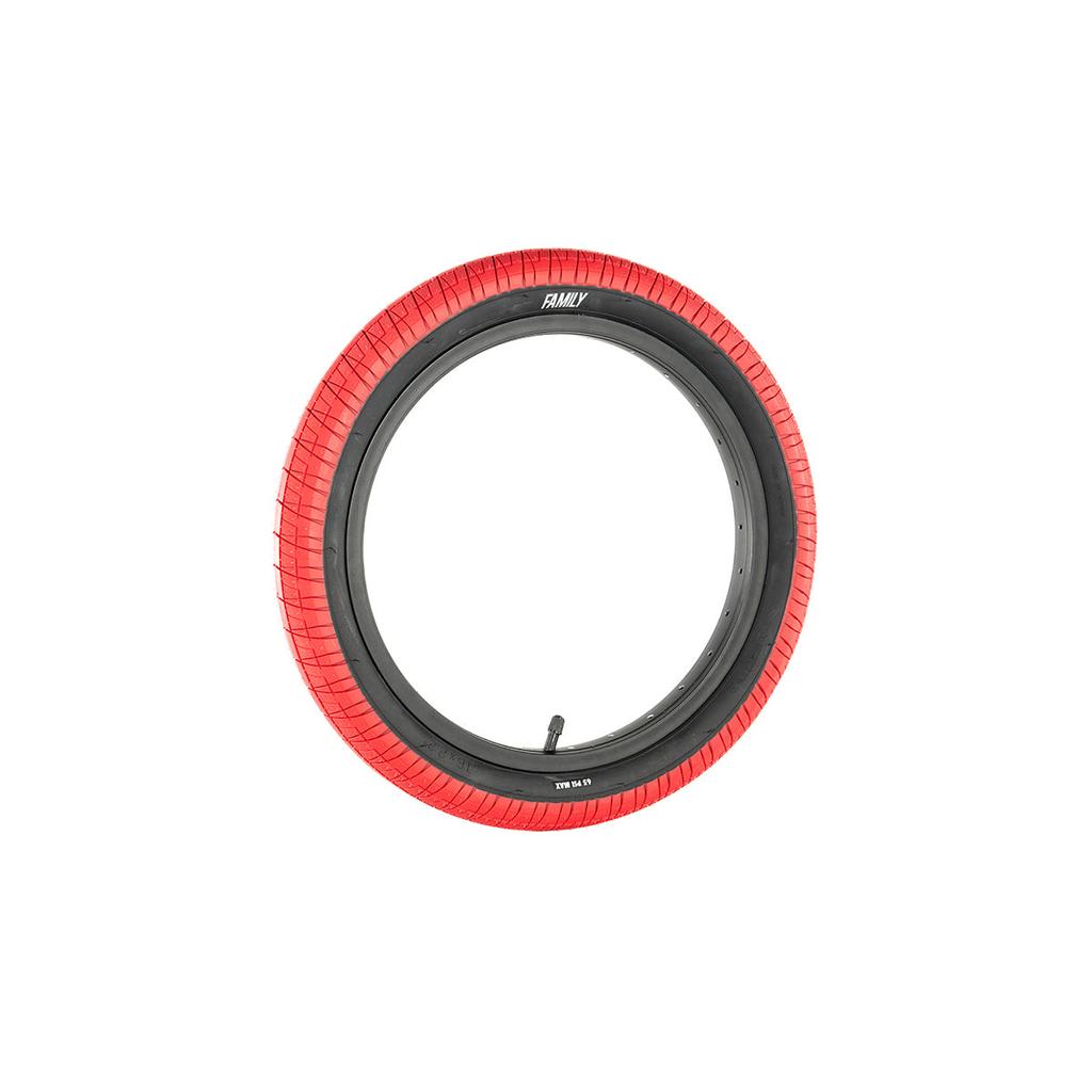 The Family F603 16 Inch Tyre is a red bicycle tire featuring a black inner tube and visible valve, shown isolated on a white background—ideal for BMX bikes and offering great value.