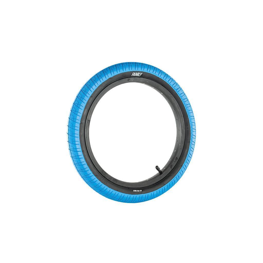 The Family F603 16 Inch Tyre features a blue BMX design with a black rim and air valve, displayed against a white background—ideal for value-conscious riders.