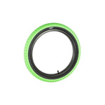 The Family BMX F603 18 Inch Tyre is shown in black with a bright green 18" x 2.2" versatile tread, visible valve stem, and photographed against a white background.