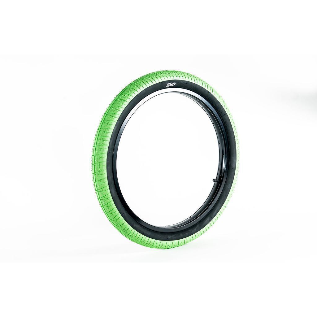 A Family BMX F603 20 Inch black bicycle wheel with a translucent green tyre is shown upright against a plain white background.