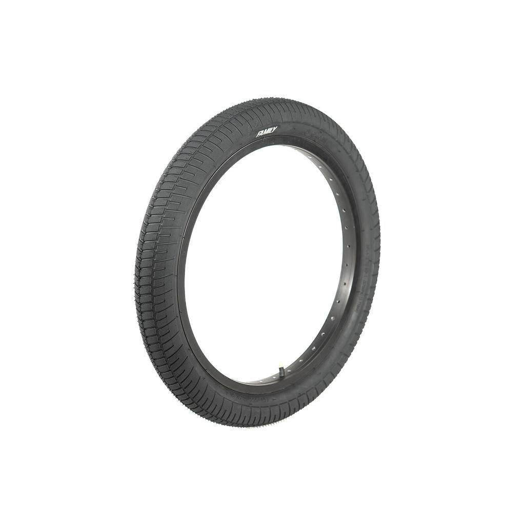 The Family F641 18 Inch Tyre is a black BMX tyre with a knurled tread, photographed on a white background and designed to offer great value for money.