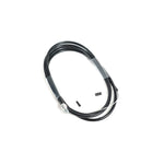 The Family Slick Brake Cable, featuring a coiled black design with braided stainless housing, metal end fitting, and two small black cylindrical pieces, is shown on a white background.