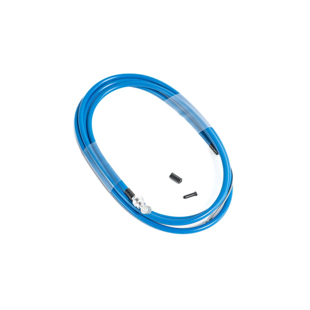 The Family Slick Brake Cable, featuring coiled blue braided stainless steel housing and metal/plastic end caps, is displayed on a white background.