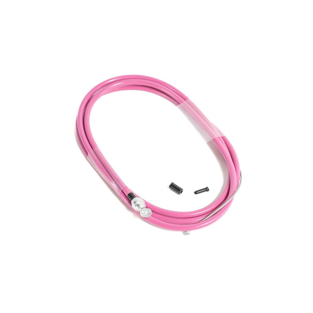 The Family Slick Brake Cable is shown coiled in pink with braided stainless housing and end caps, displayed on a white background.