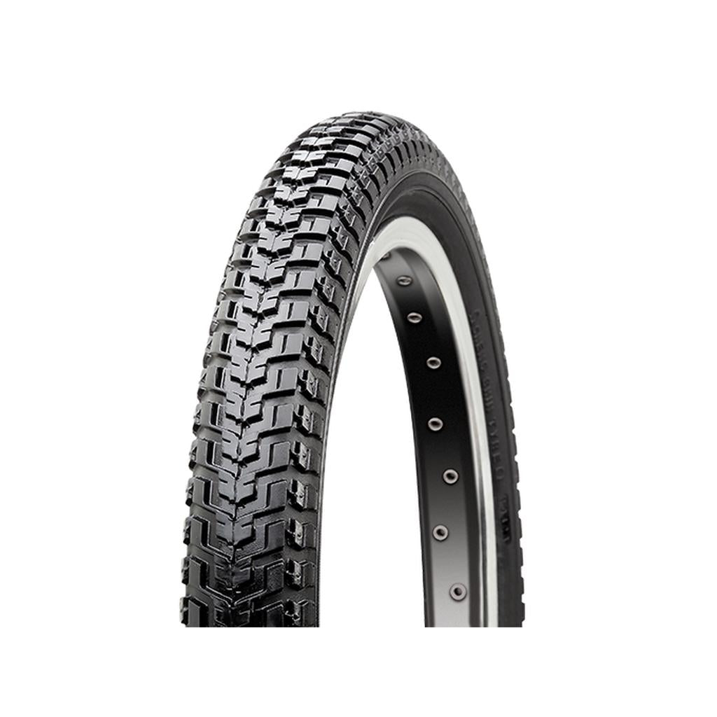 A single CST Trail C712 14 Inch Tyre with chunky tread and a silver rim stands upright against a white background, ideal as a versatile tyre for both road and dirt surfaces.