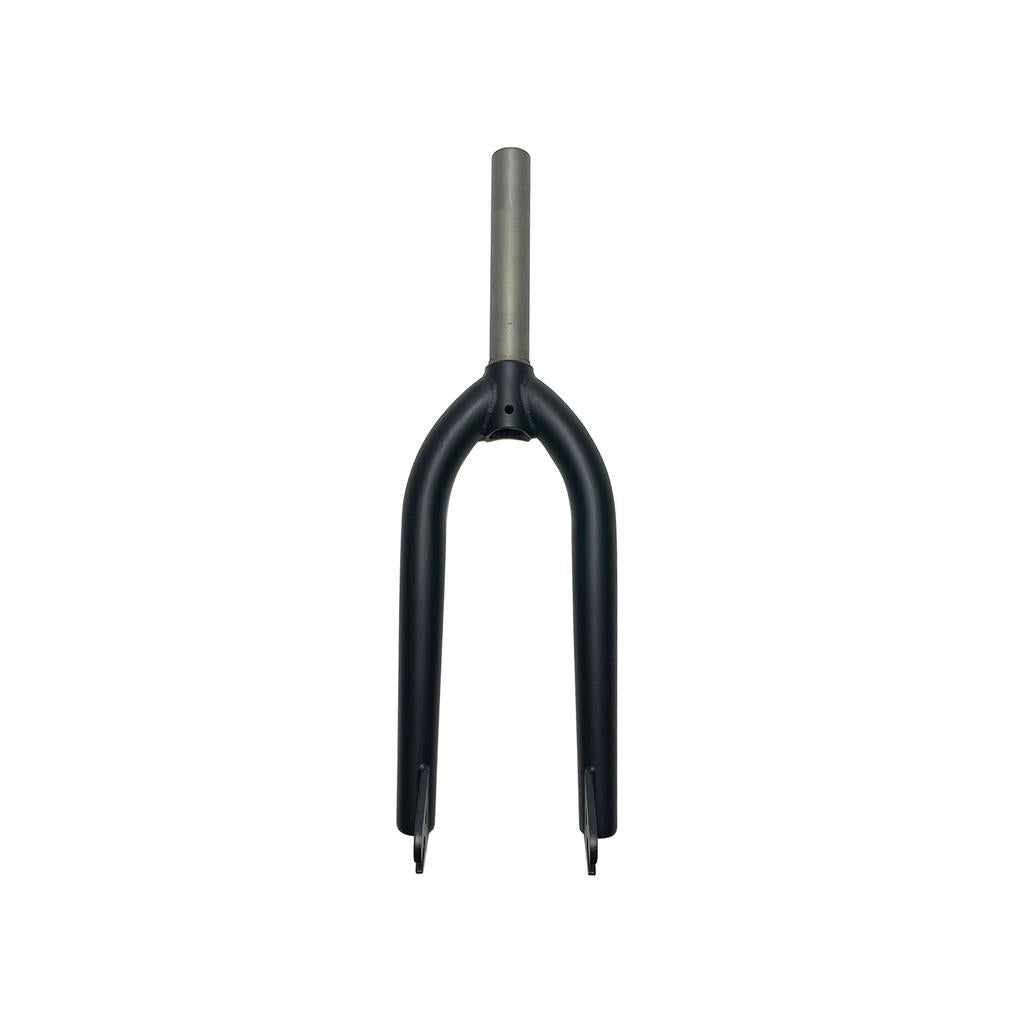 The Fit Bike Co OEM 20 Inch Fork, featuring a black chromoly construction and metal steerer tube, is elegantly showcased against a white background, perfect for beginner riders seeking reliability.