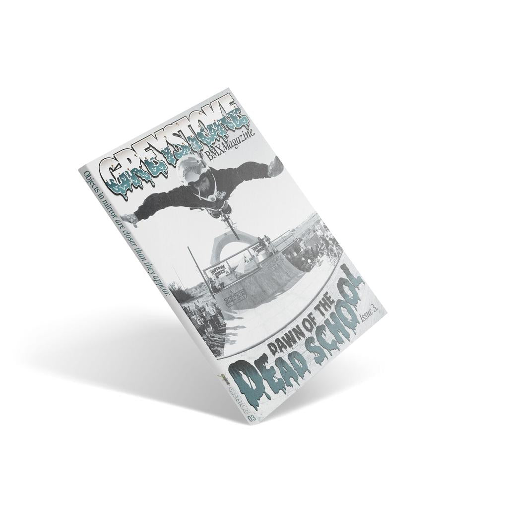 The "Grey Stoke BMX Magazine V4" features a BMX rider mid-air above a ramp on its cover, with the headline “Dawn of the Dead School” and highlights on BMX history.
