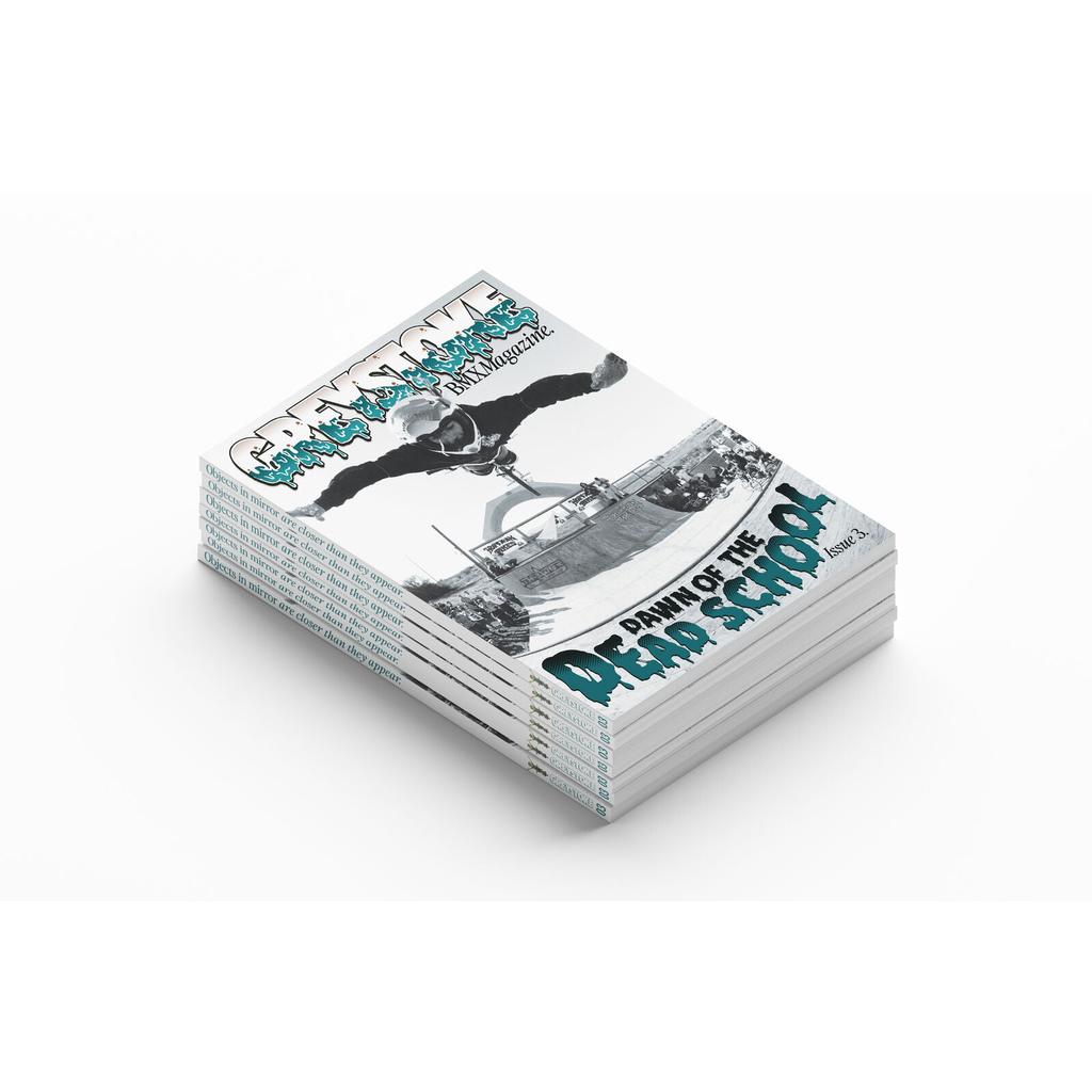 A stack of "Grey Stoke BMX Magazine V4" with a cover photo of a ramp trick; issue titled "DAWN OF THE DEAD SCHOOL," featuring highlights on BMX history from Greystoke Issue 3.