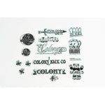 The Colony 2005 Sticker Pack features black and white BMX stickers with stars, unique fonts, and a cartoon bear design—ideal for customizing your bike or adding to any sticker collection.