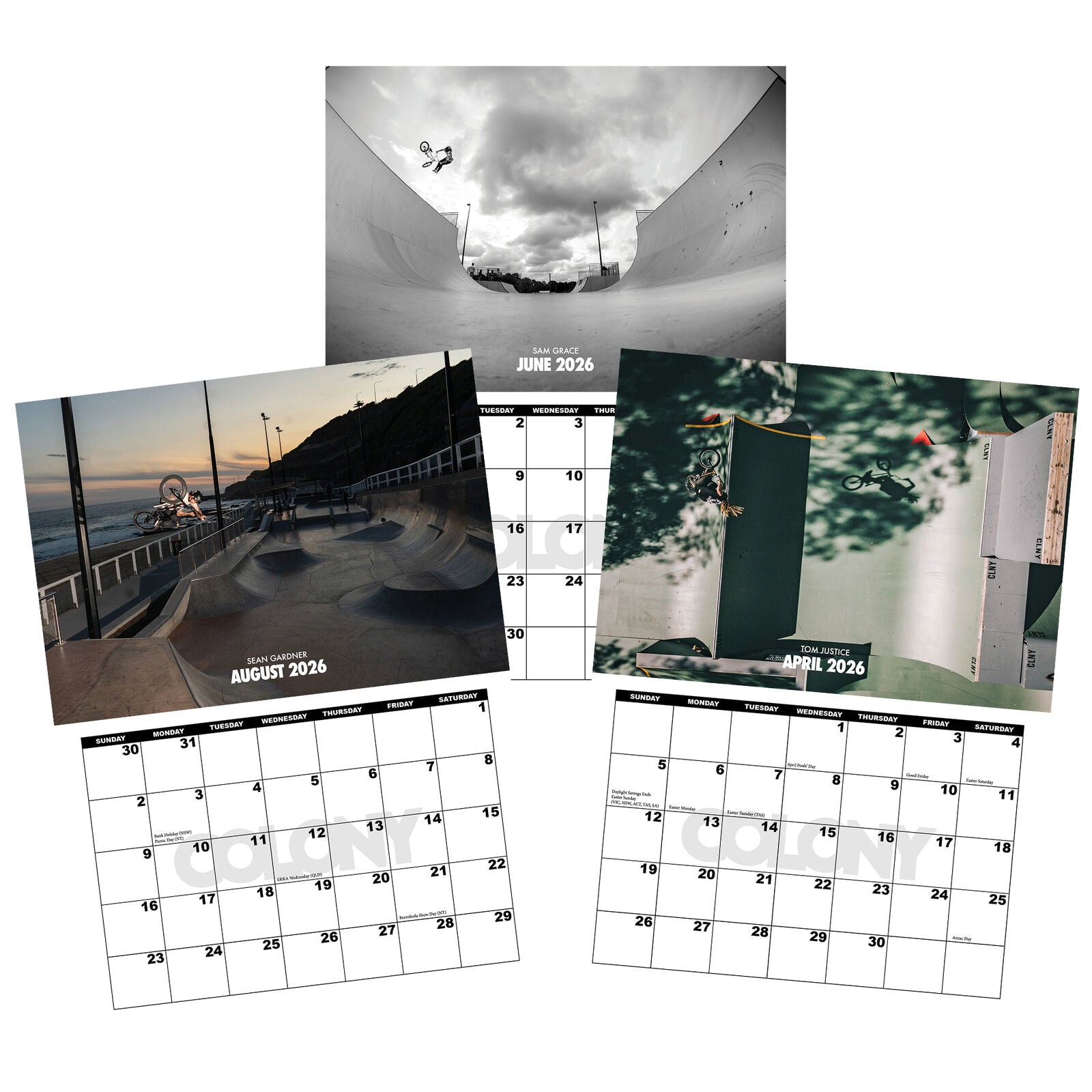 The Colony 2026 Calendar features overlapping layouts with skateboarding-themed photos for June, August, and April across four pages.