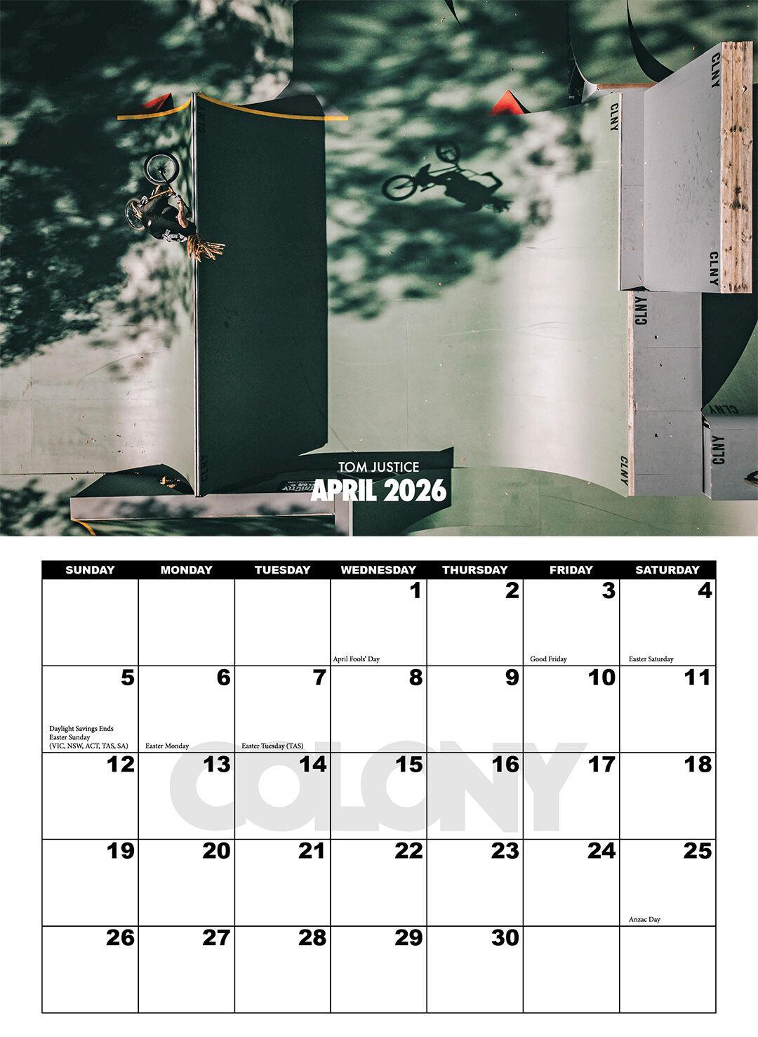 A BMX rider performs a trick on a ramp in the sun. The Colony 2026 Calendar below highlights key dates—ideal for BMX enthusiasts and fans of the Colony team.
