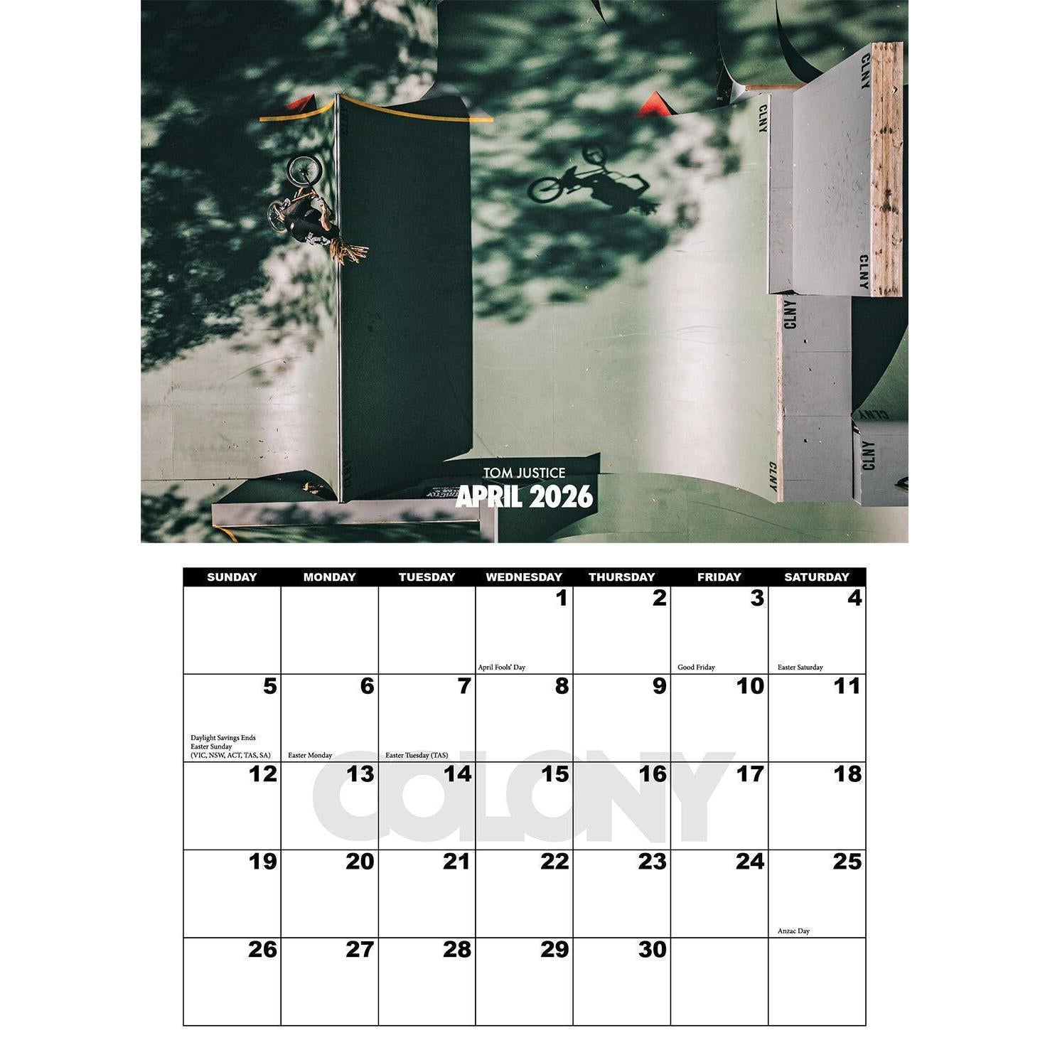 A BMX rider performs a trick on a ramp in the sun. The Colony 2026 Calendar below highlights key dates—ideal for BMX enthusiasts and fans of the Colony team.