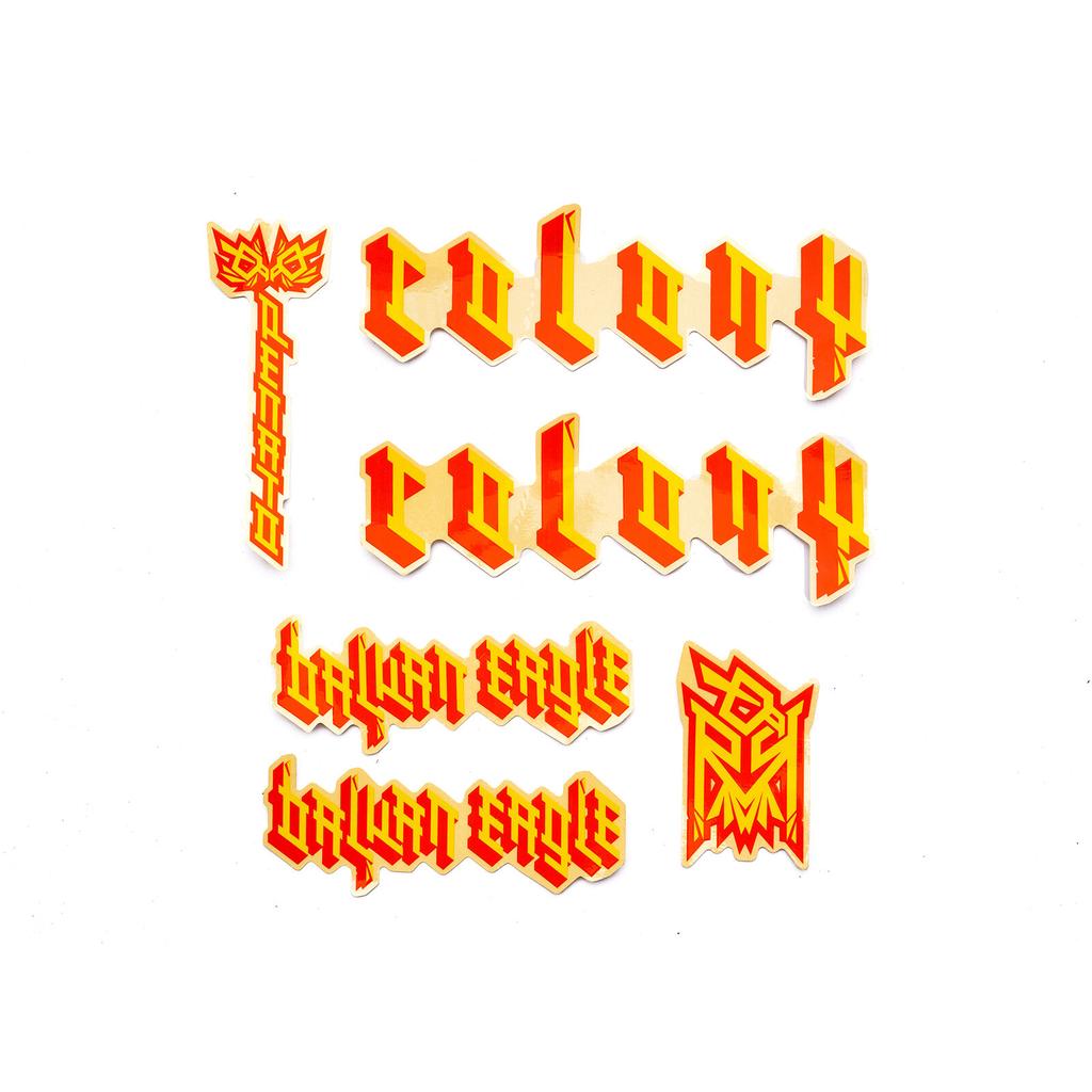 Colony Balkan Eagle Frame Sticker Kit featuring two repeating brand names in a stylized red and yellow font, two “Balkan Eagle” text instances, and two geometric eagle emblems.