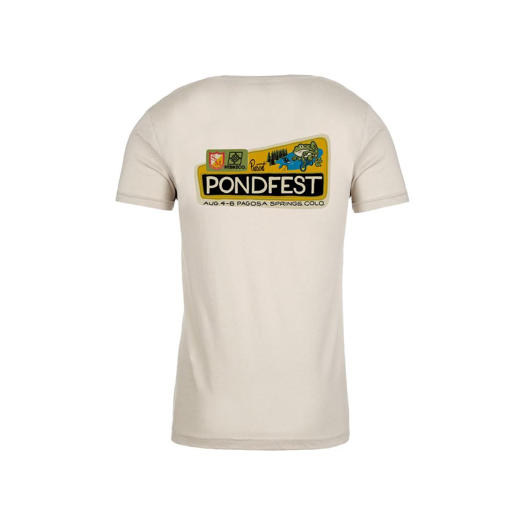The S&M Pondfest Sign T-Shirt is a beige tee with a large PONDFEST logo and Aug 4-6 Pagosa Springs, CO event details on the back. BMX-inspired and proudly printed in the USA.