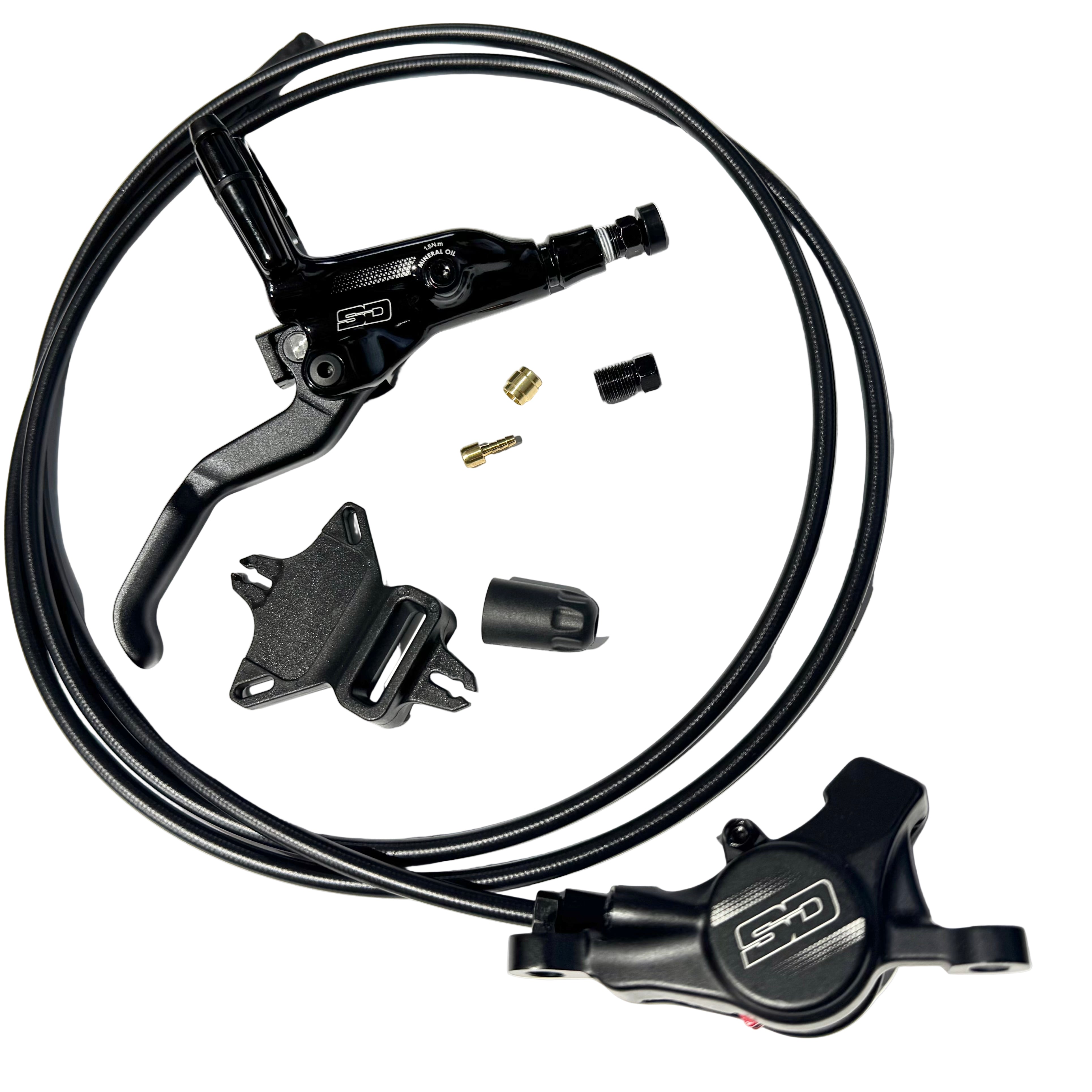 Salvo Post Mount Disk Brake Kit with lever, hose, caliper, mounting bracket, and small hardware parts arranged on a white background—ideal for dependable BMX racing performance.