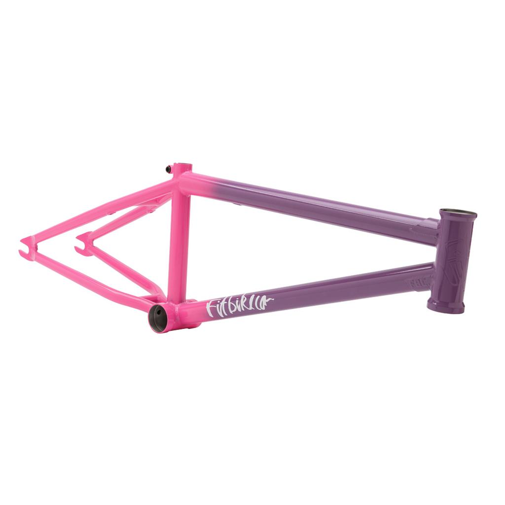 The Fit AM 18 Inch Frame is a lightweight kids BMX frame with a pink rear half, purple front half, and "Fiend" in white on the lower tube—designed for park and freestyle geometry.