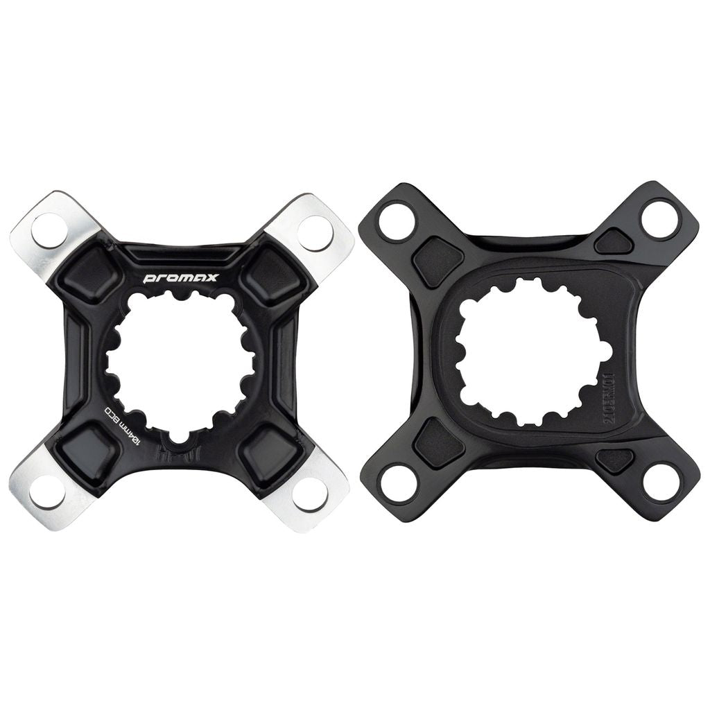 A pair of black and white cranksets with a Promax Direct Mount Front Sprocket Adaptor carbon cranks on a white background.
