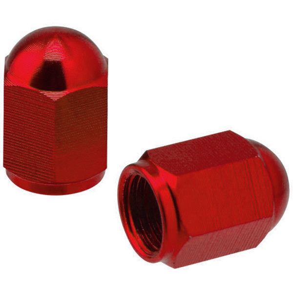 Two red Valve Nut Alloy (Pair) on a white background.