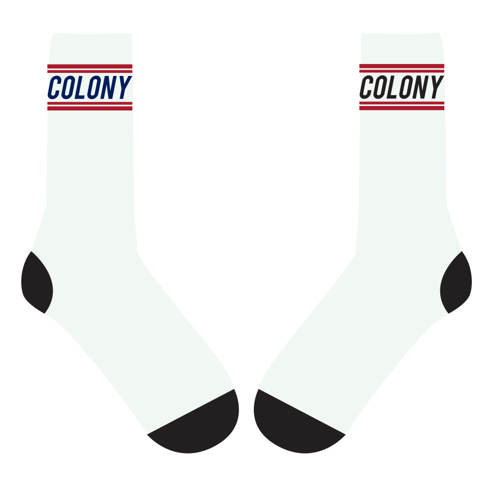 A pair of comfy white Colony BMX Logo Socks.