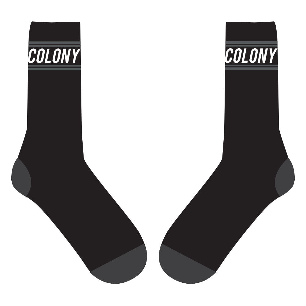 A pair of black Colony BMX Logo socks, made in Australia and unbelievably comfy.