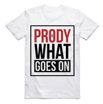 The Prody VHS T-Shirt features bold black and red "PRODY WHAT GOES ON" text in a boxed design, inspired by the legendary Prody 8 era of Australian BMX—a must-have for riders and fans.
