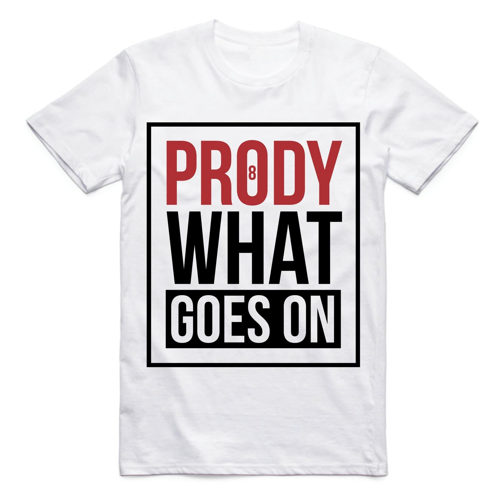 The Prody VHS T-Shirt features bold black and red "PRODY WHAT GOES ON" text in a boxed design, inspired by the legendary Prody 8 era of Australian BMX—a must-have for riders and fans.