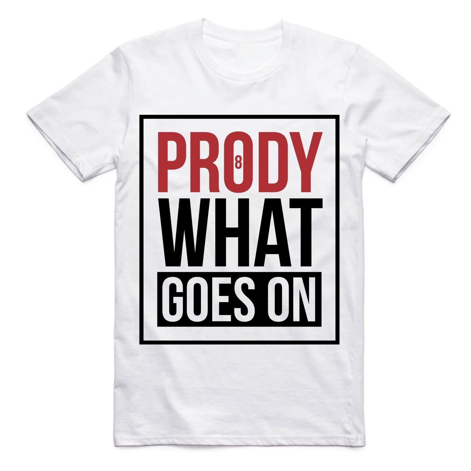 The Prody VHS T-Shirt features bold black and red "PRODY WHAT GOES ON" text in a boxed design, inspired by the legendary Prody 8 era of Australian BMX—a must-have for riders and fans.