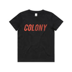 The Colony Momentum T-Shirt (Youth) is a black tee featuring "COLONY" in bold red letters across the chest, showcasing the iconic Australian BMX brand.