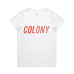 The Colony Momentum Womens V Neck T-Shirt is a white, 100% combed cotton tee with "COLONY" in bold red letters across the chest, inspired by the Colony BMX Momentum collection.