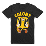 The Colony Pedal Man T-Shirt features "COLONY" and a cartoon yellow bus with a smiling face giving two thumbs up. Made from quality cotton for comfort and style—ideal for any BMX fan or the ultimate Pedal Man.