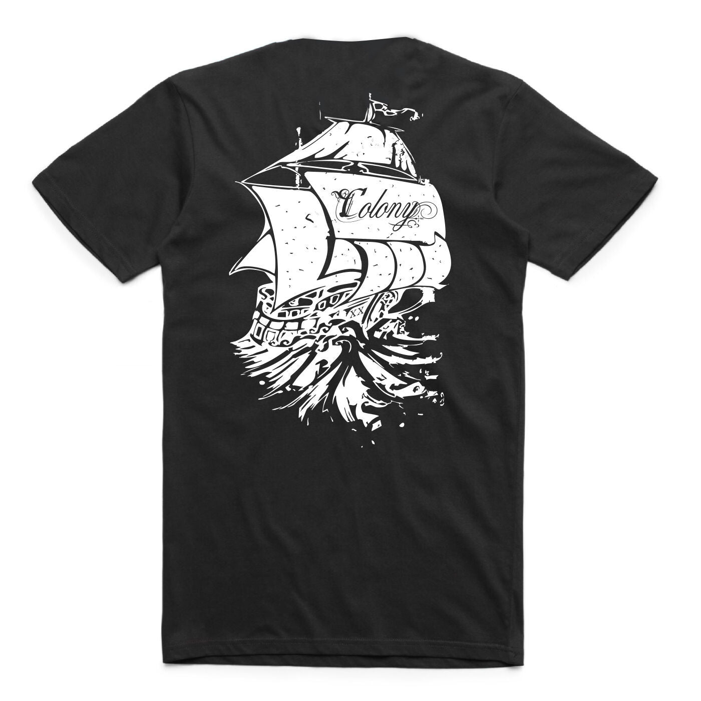 The Colony Endeavour T-Shirt is a black tee with a white sailing ship and "Colony" on the sail printed on the back—ideal for fans of Colony BMX shirts and Australian BMX brand style.