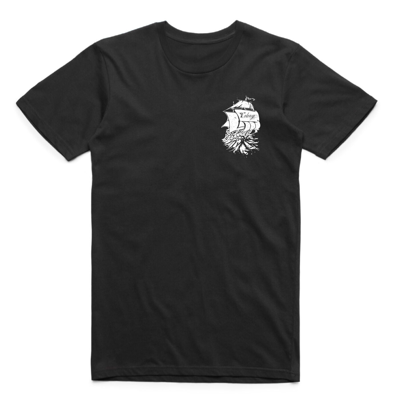 The Colony Endeavour T-Shirt is a black tee featuring a small white Viking ship and "Vikings" on the left chest, ideal for BMX riders and fans of Aussie BMX style.