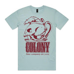 The Colony OG Rat T-Shirt features a light blue color with a maroon graphic of two rat skulls and "COLONY bmx company est 2005" printed on the front.