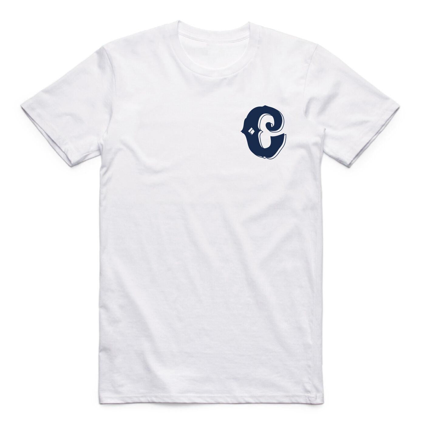 The Colony BMX Have Fun T-Shirt is a white, regular-fit tee made from 100% carded cotton, featuring a navy blue stylized "C" on the left chest for comfort and style.